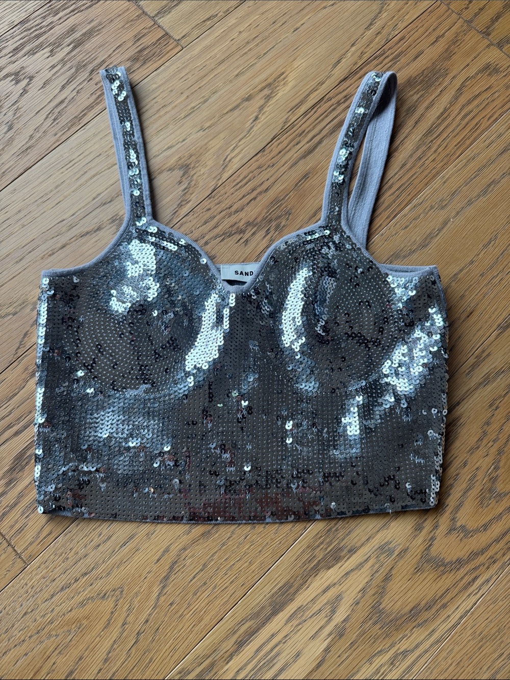 Sandro Silver Sequin Bustier Crop Top